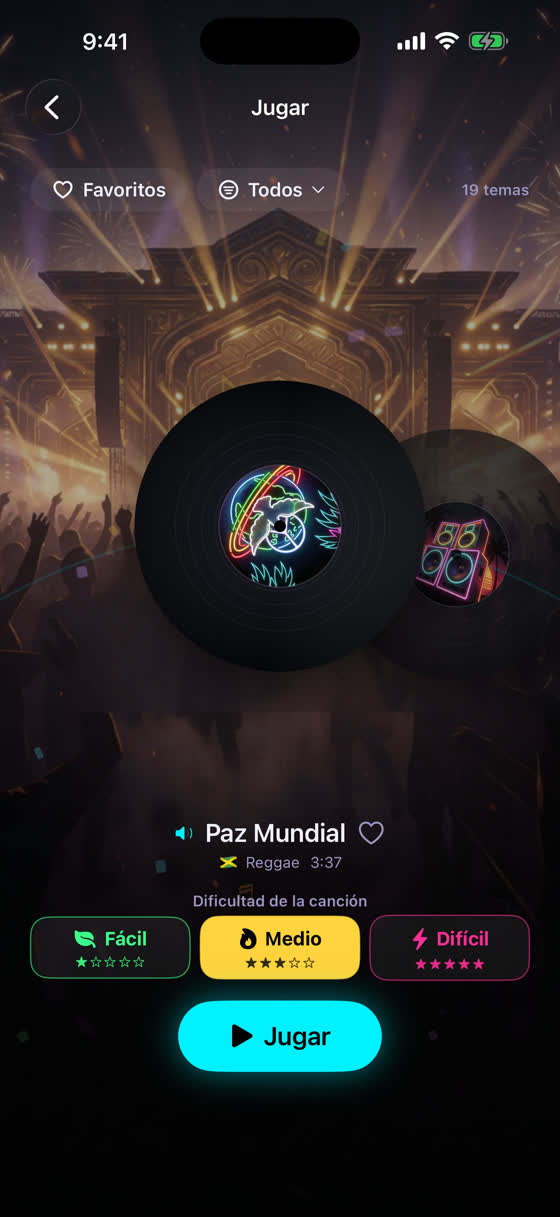 Selección de canción: el tema de reggae Paz Mundial con las dificultades Fácil, Medio y Difícil