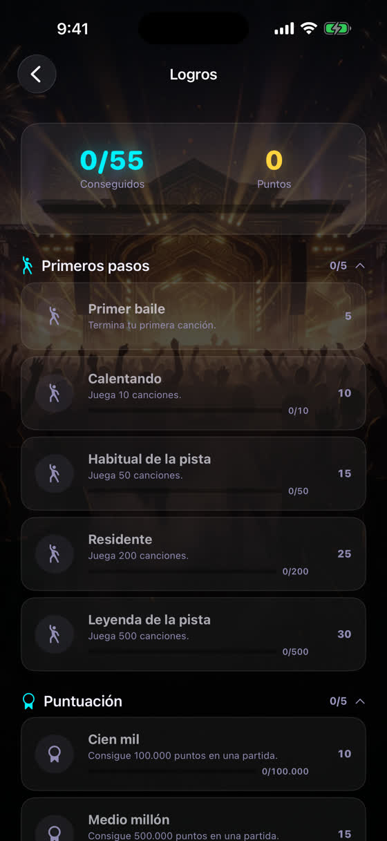 Pantalla de logros de Songika: 0 de 55 conseguidos, con los grupos Primeros pasos y Puntuación